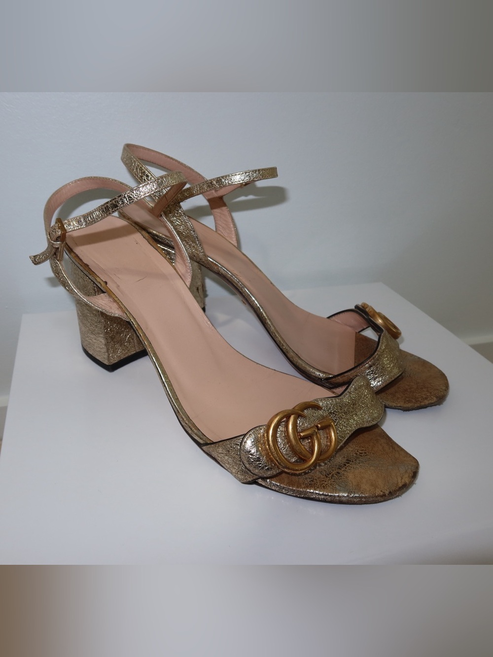 Gucci Metallic Gold Leather Block Heel Sandals with Double G